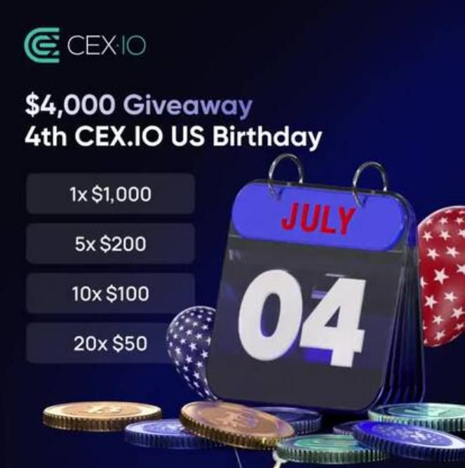 4th CEX·IO US Birthday (BTC, ETH, DOGE) Airdrop